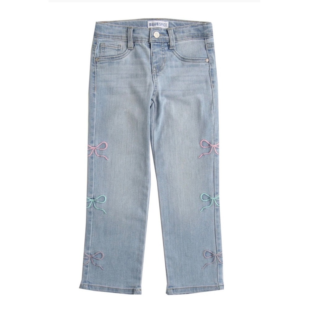 Blue Spice Wide Leg Jeans Kids Size 8 Light Blue NWT Embroidered Bows